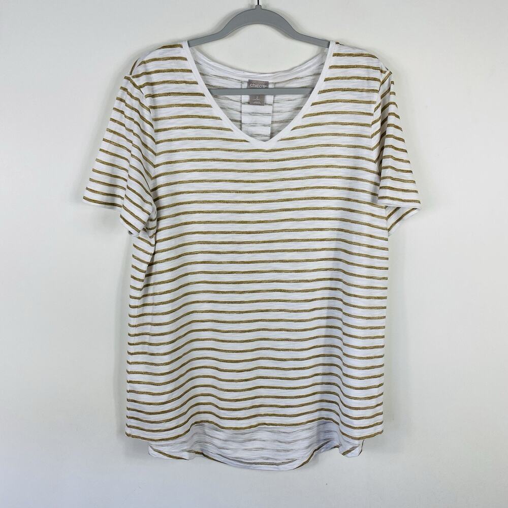 Chico's T-Shirt Large 2 12 Stripe Cotton Slub V-Neck White Gold Shimmer Top Tee
